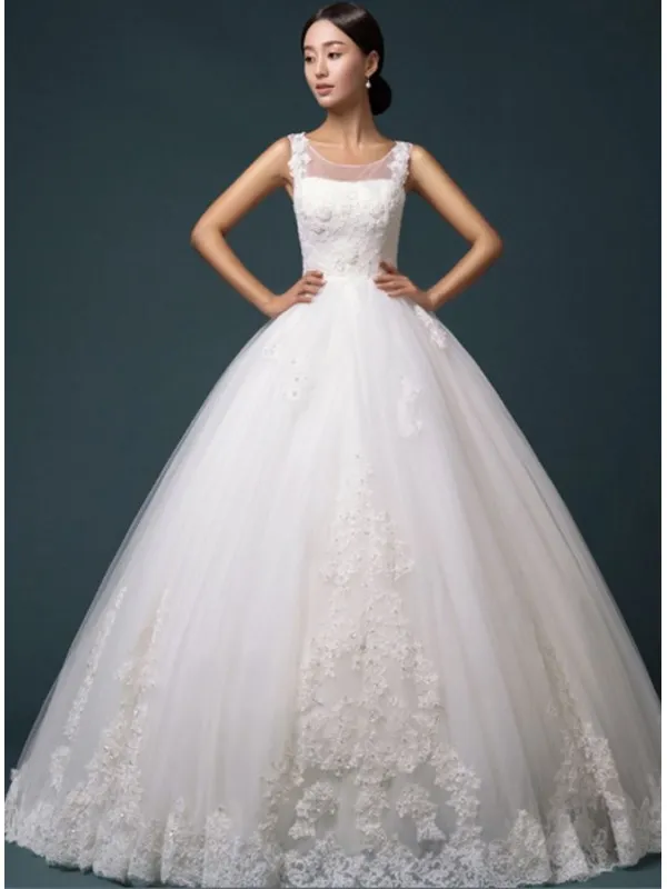 Abito da Sposa A-line con scollatura velata e applicazioni di Pizzo