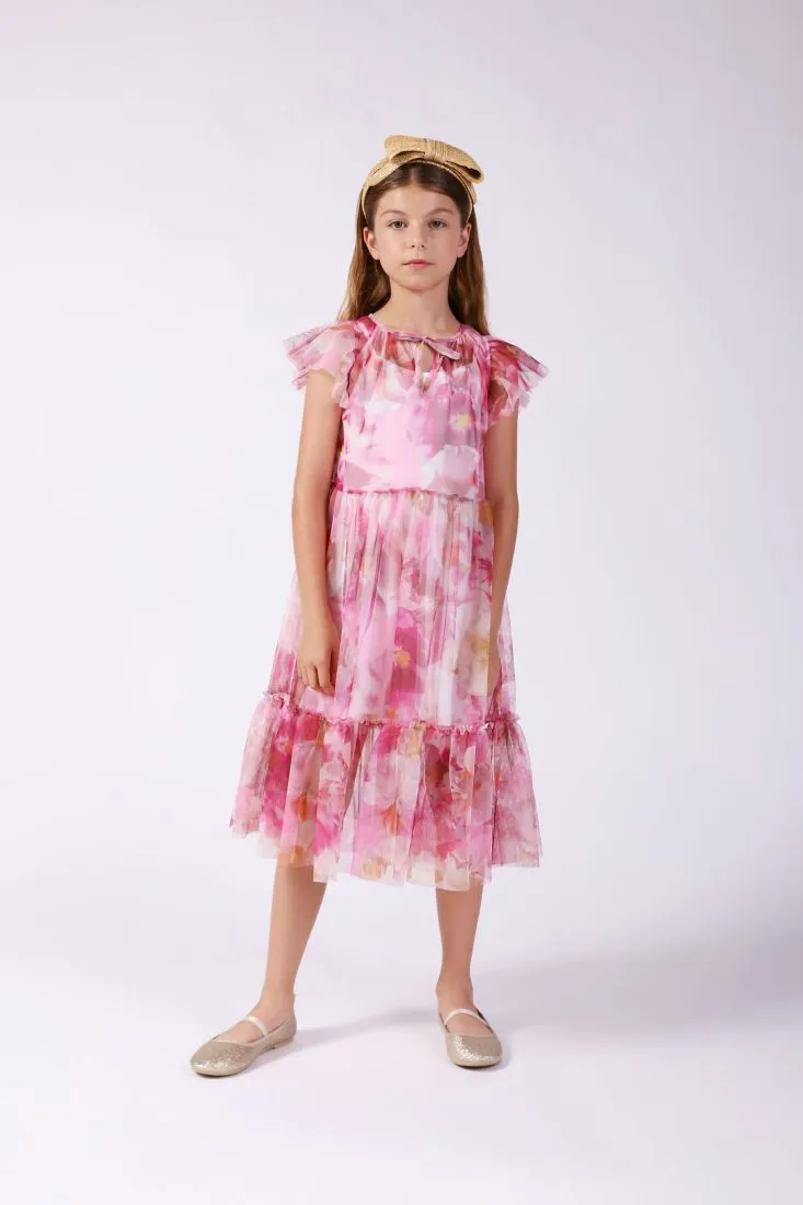 Abito midi bambina fantasia floreale effetto trasparenza