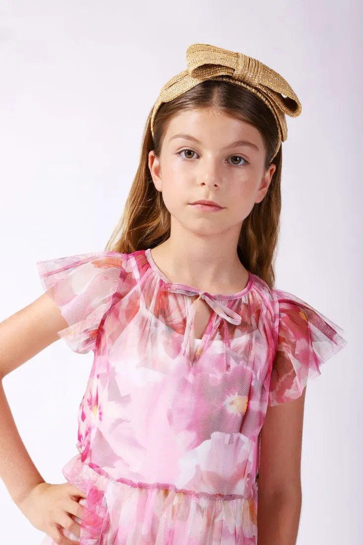 Abito midi bambina fantasia floreale effetto trasparenza