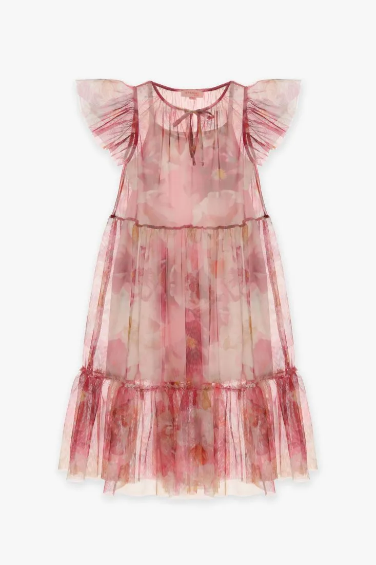 Abito midi bambina fantasia floreale effetto trasparenza