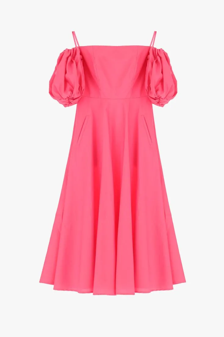 Abito midi monocolour scollo Bardot e maniche palloncino