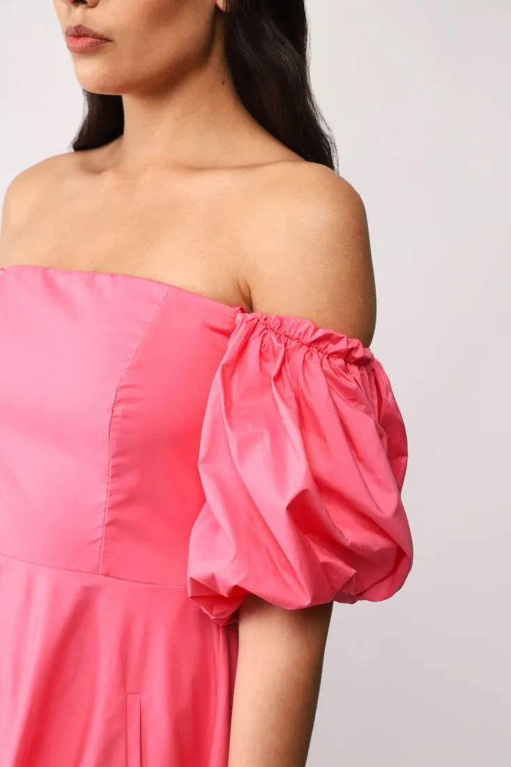 Abito midi monocolour scollo Bardot e maniche palloncino