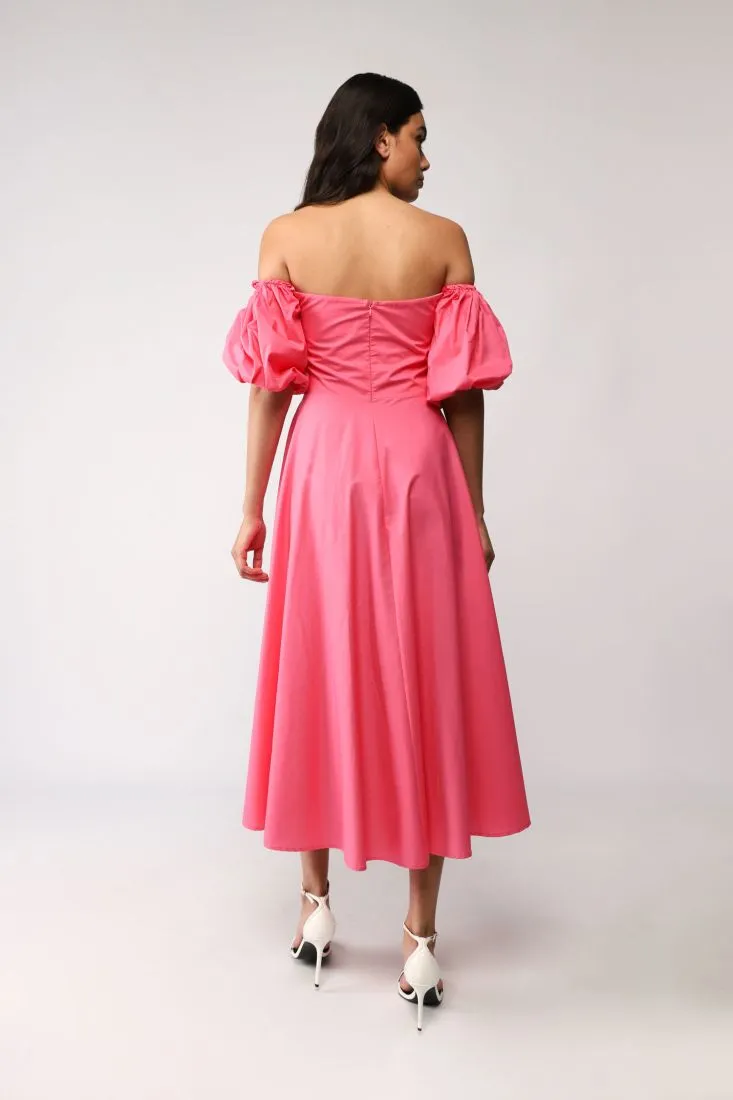 Abito midi monocolour scollo Bardot e maniche palloncino