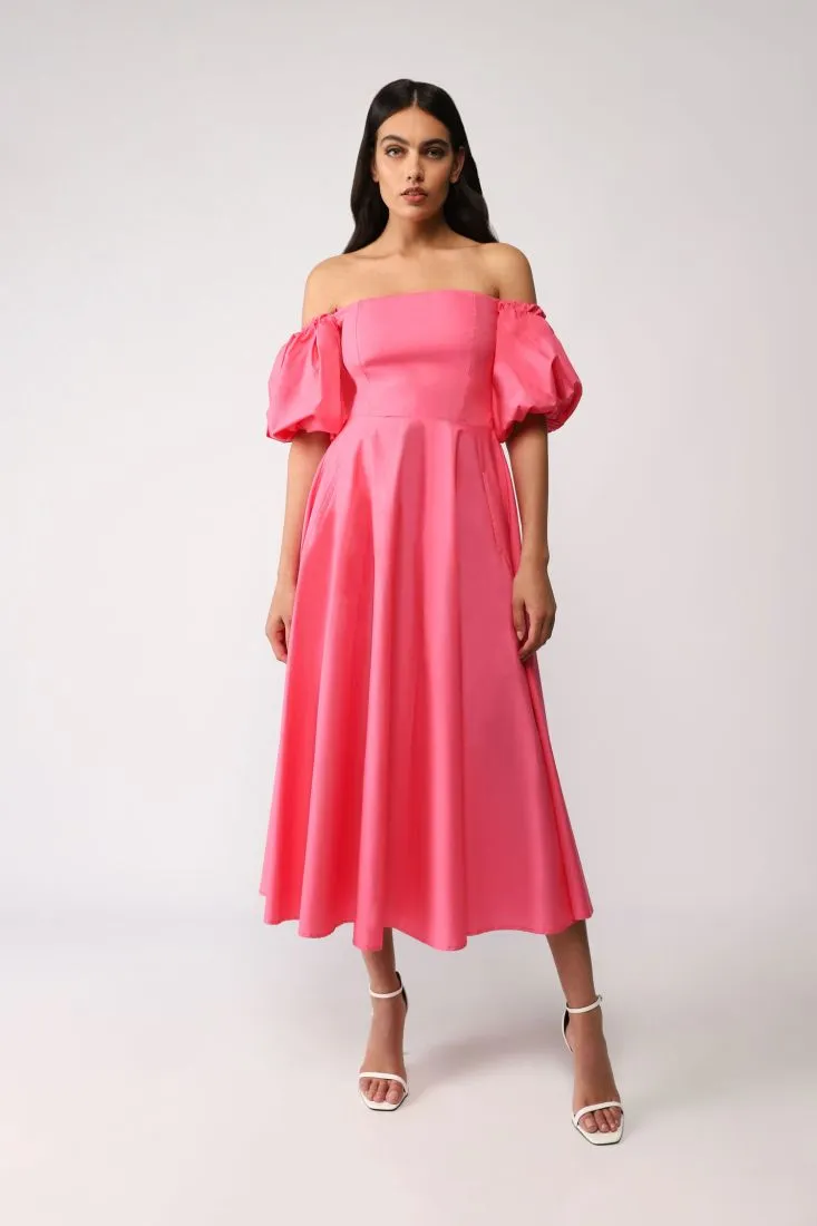 Abito midi monocolour scollo Bardot e maniche palloncino