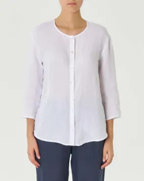 Camicia bianca in lino con scollo tondo e maniche tre quarti