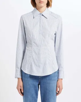 Camicia in popeline di cotone bianca a righine azzurre dalla linea sfiancata