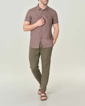 Camicia marrone mezza manica in puro lino con taschini