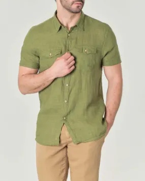 Camicia verde mezza manica in puro lino con taschini