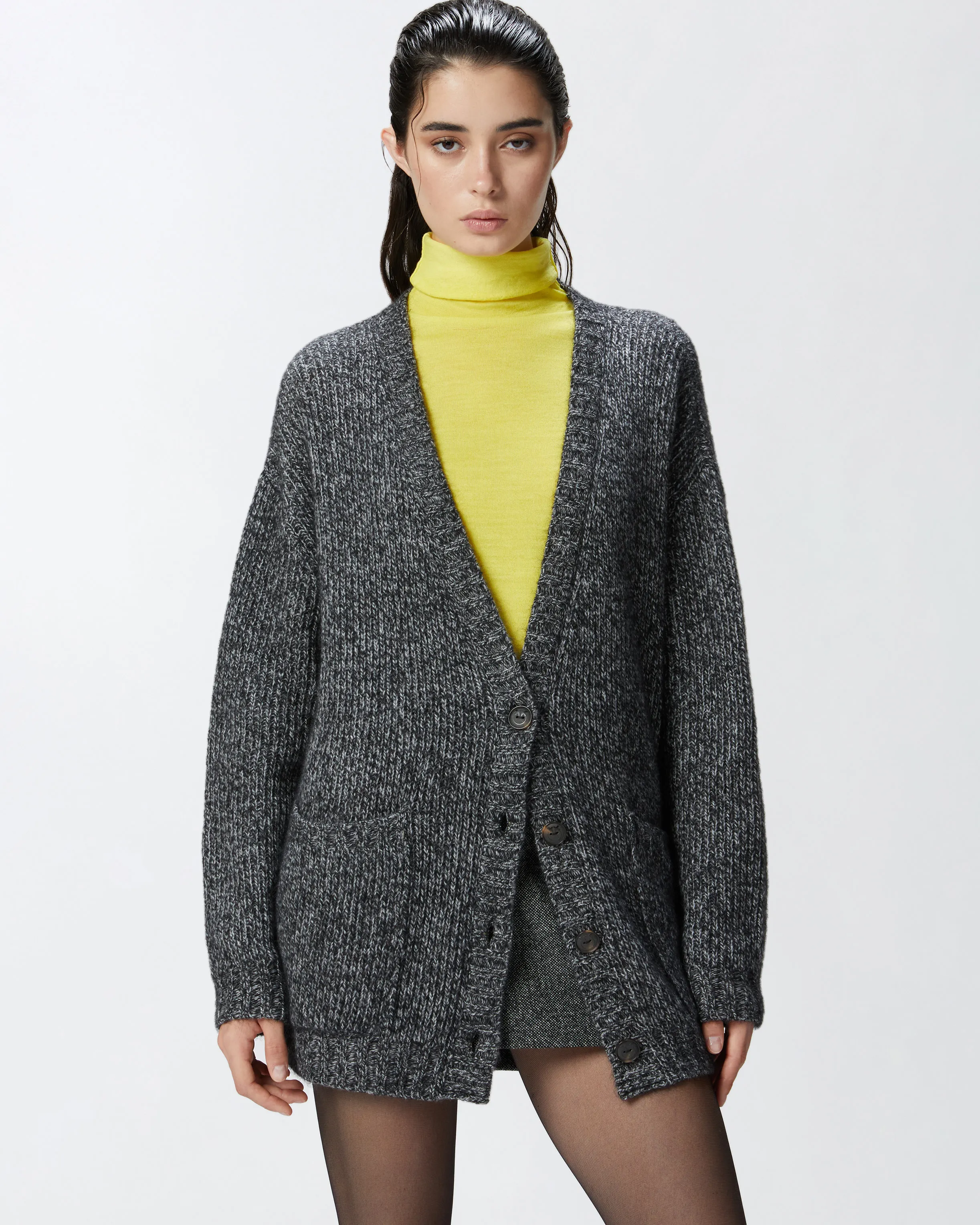  Cardigan a coste con scollo a V misto alpaca    