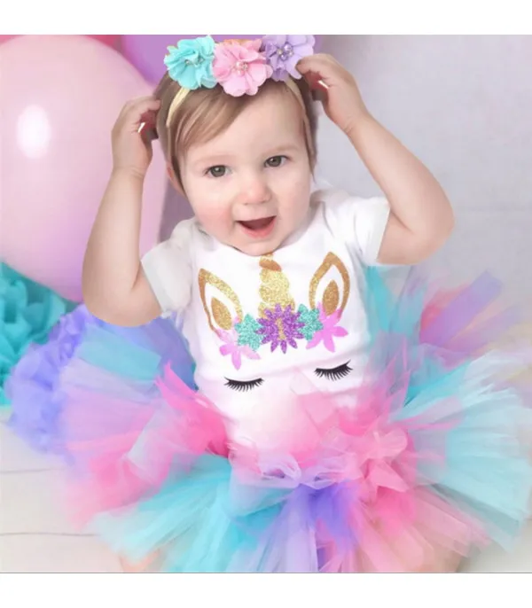 Completino bimba unicorn rainbow gonna tulle