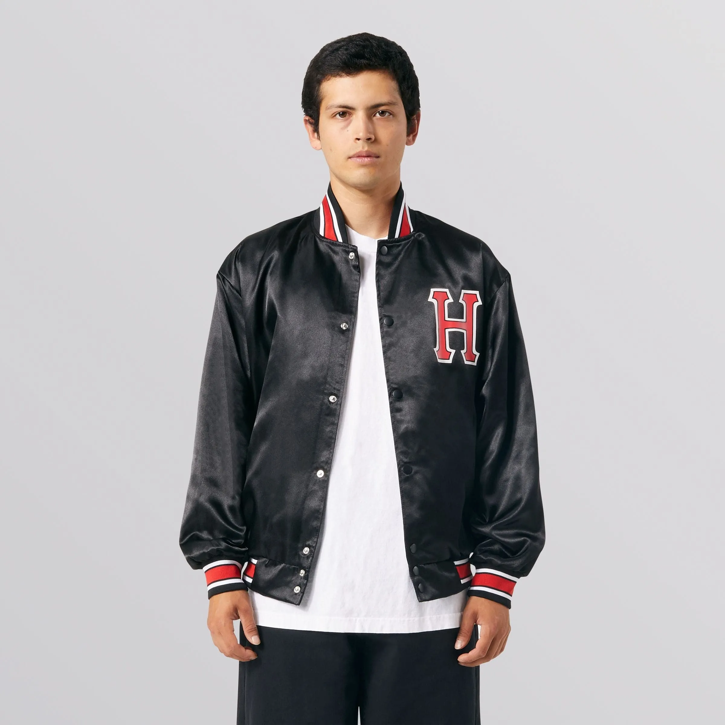 CRACKERJACK SATIN BASEBALL JACKET - BLACK