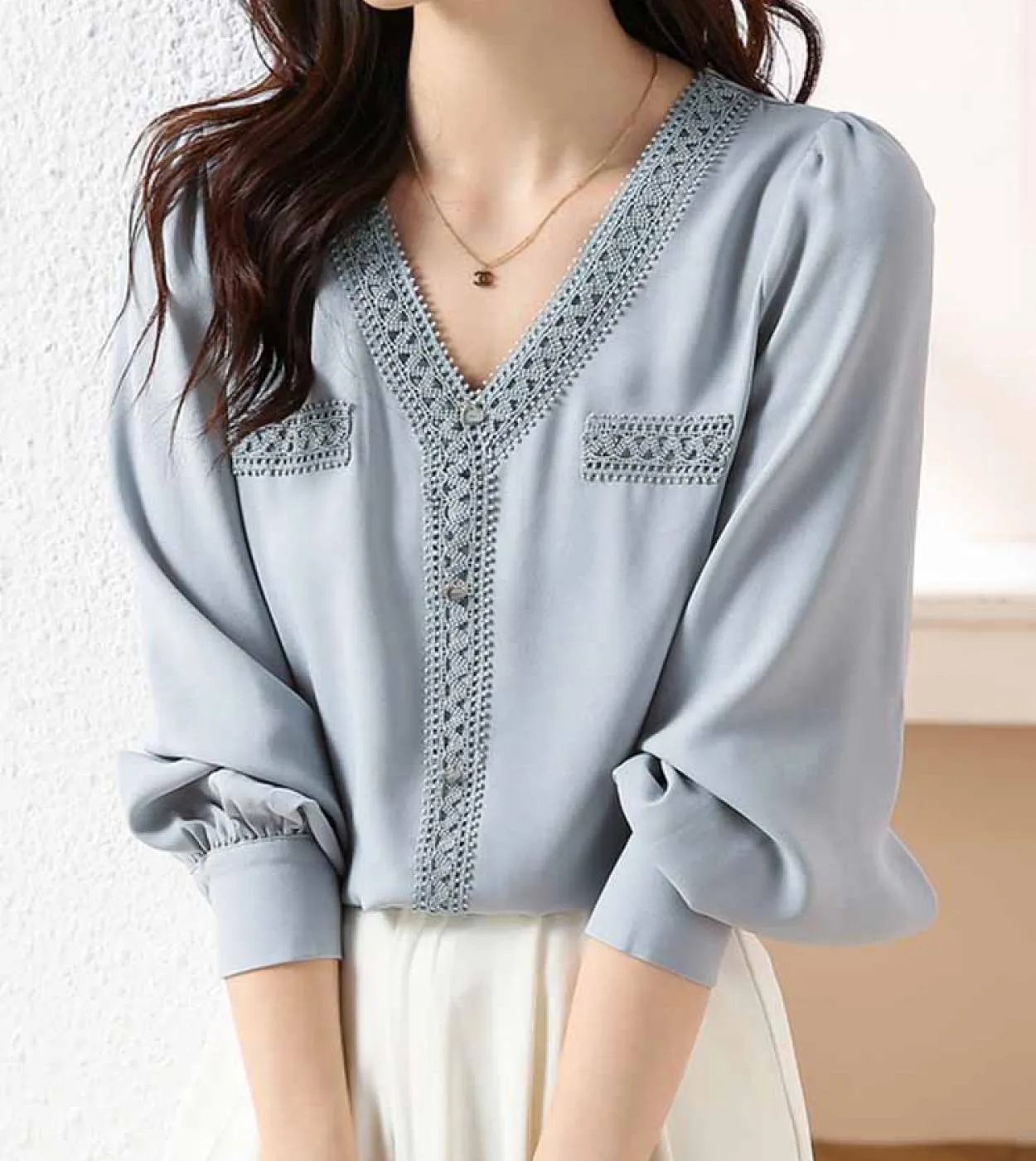 Elegante camicetta da donna francese con scollo a V in chiffon con scollo a V, camicia da donna a maniche lunghe, casual, primav