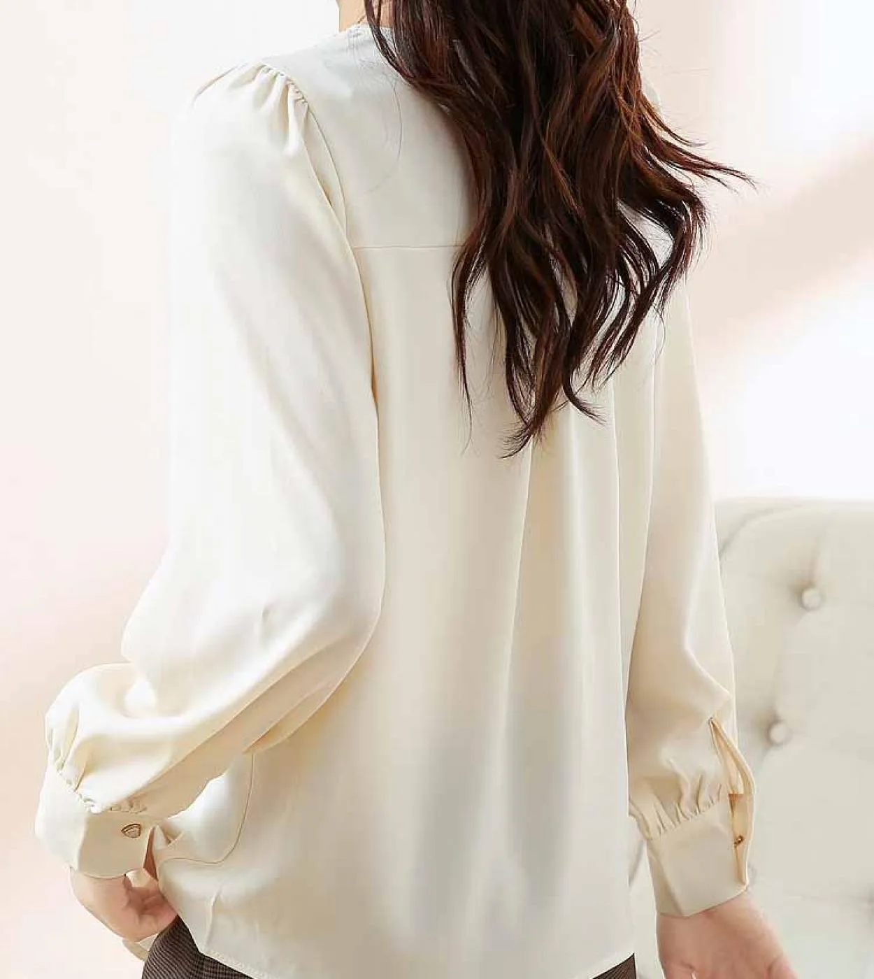 Elegante camicetta da donna francese con scollo a V in chiffon con scollo a V, camicia da donna a maniche lunghe, casual, primav