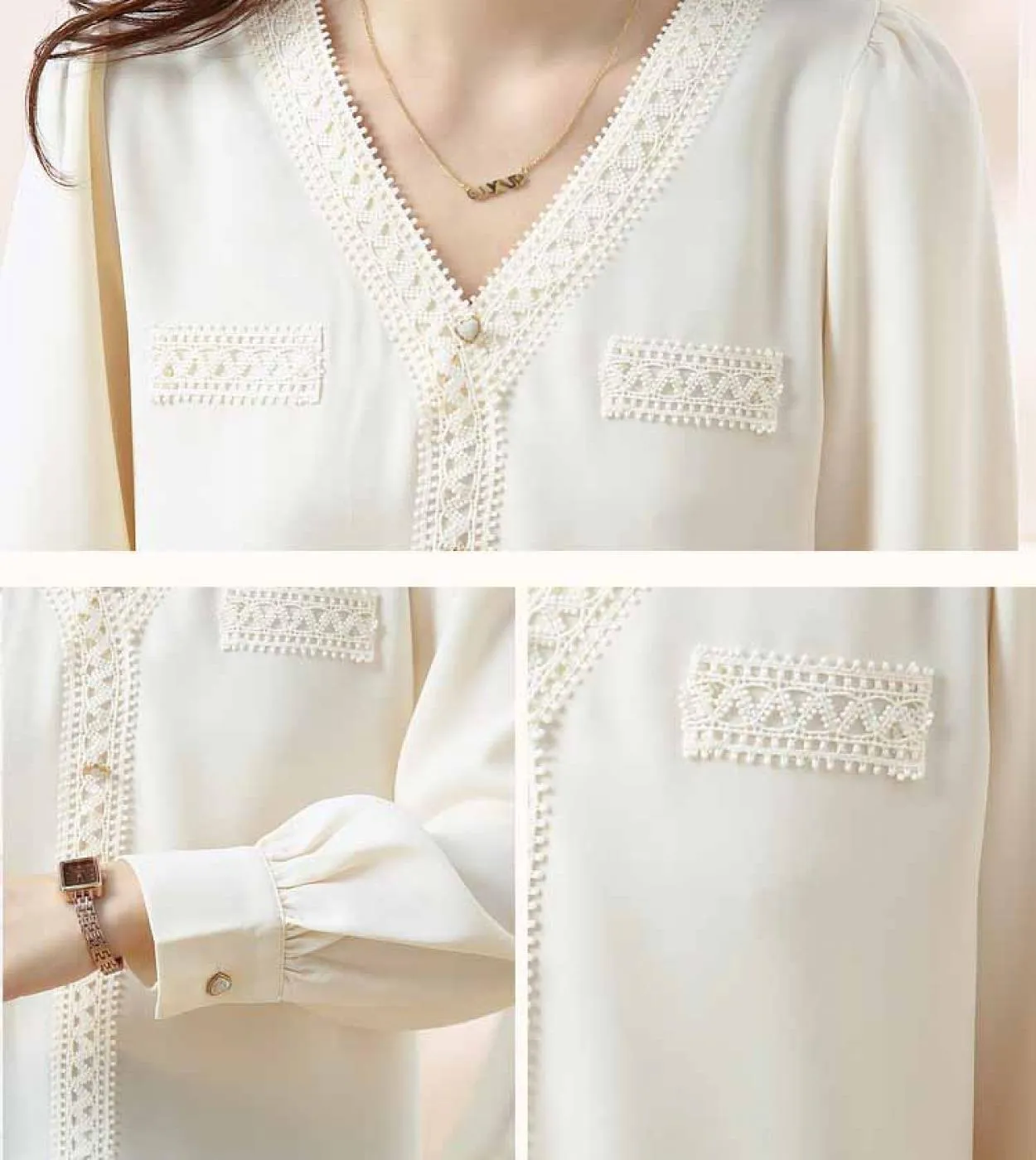Elegante camicetta da donna francese con scollo a V in chiffon con scollo a V, camicia da donna a maniche lunghe, casual, primav