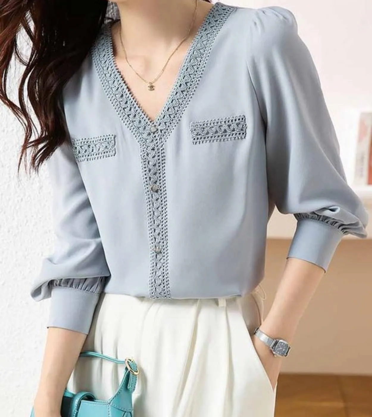 Elegante camicetta da donna francese con scollo a V in chiffon con scollo a V, camicia da donna a maniche lunghe, casual, primav