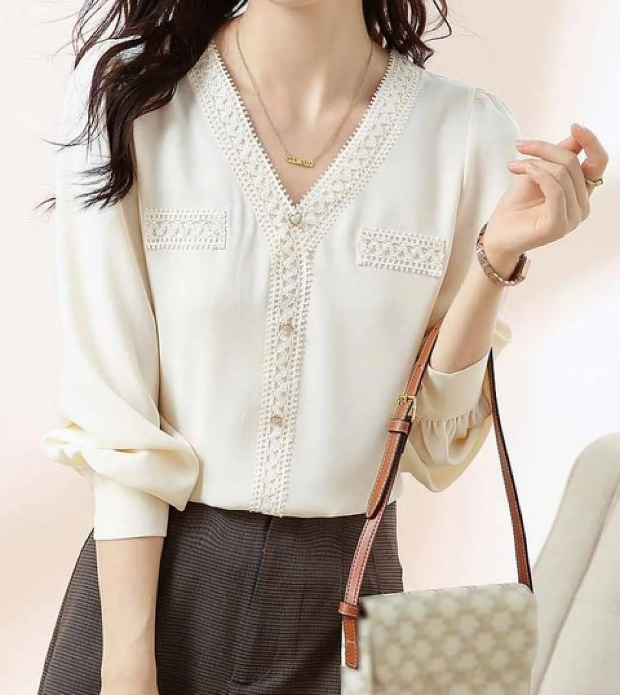Elegante camicetta da donna francese con scollo a V in chiffon con scollo a V, camicia da donna a maniche lunghe, casual, primav