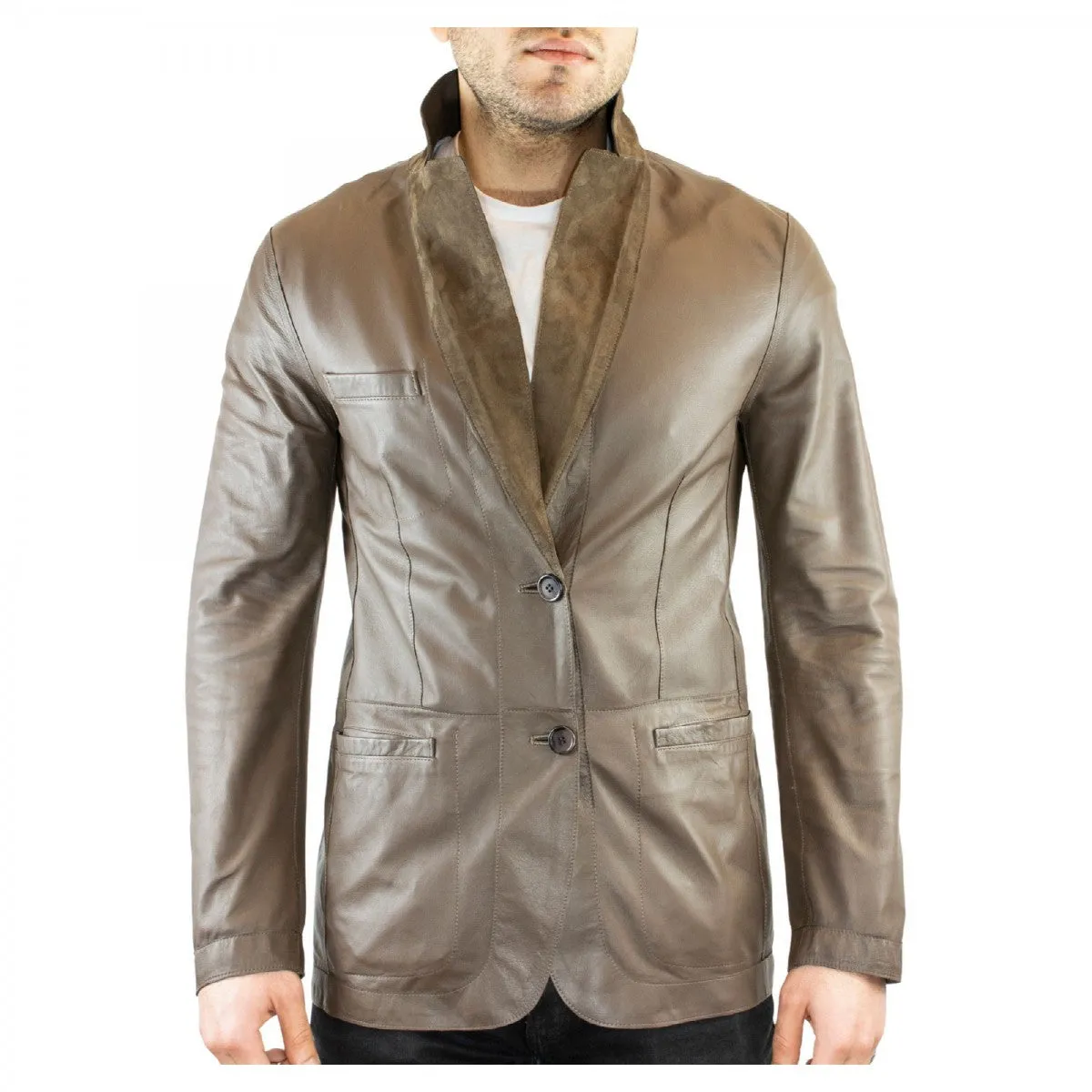 Giacca elegante reversibile da uomo fatta a mano in pelle di renna e agnello taupe con bottoni