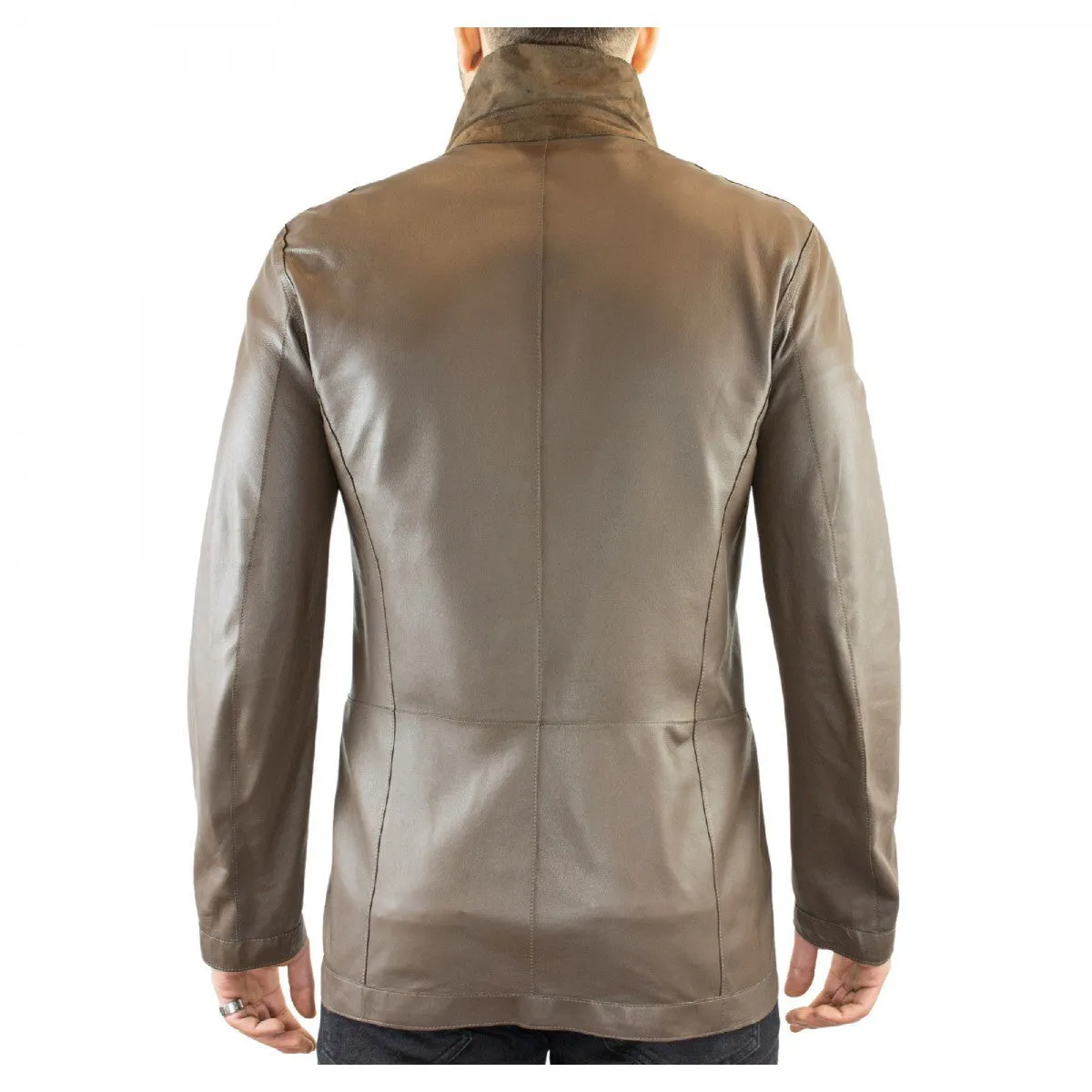 Giacca elegante reversibile da uomo fatta a mano in pelle di renna e agnello taupe con bottoni