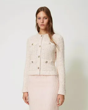 Giacca maglia rosa in maglia jacquard bouclé in misto cotone con inserti in paillettes