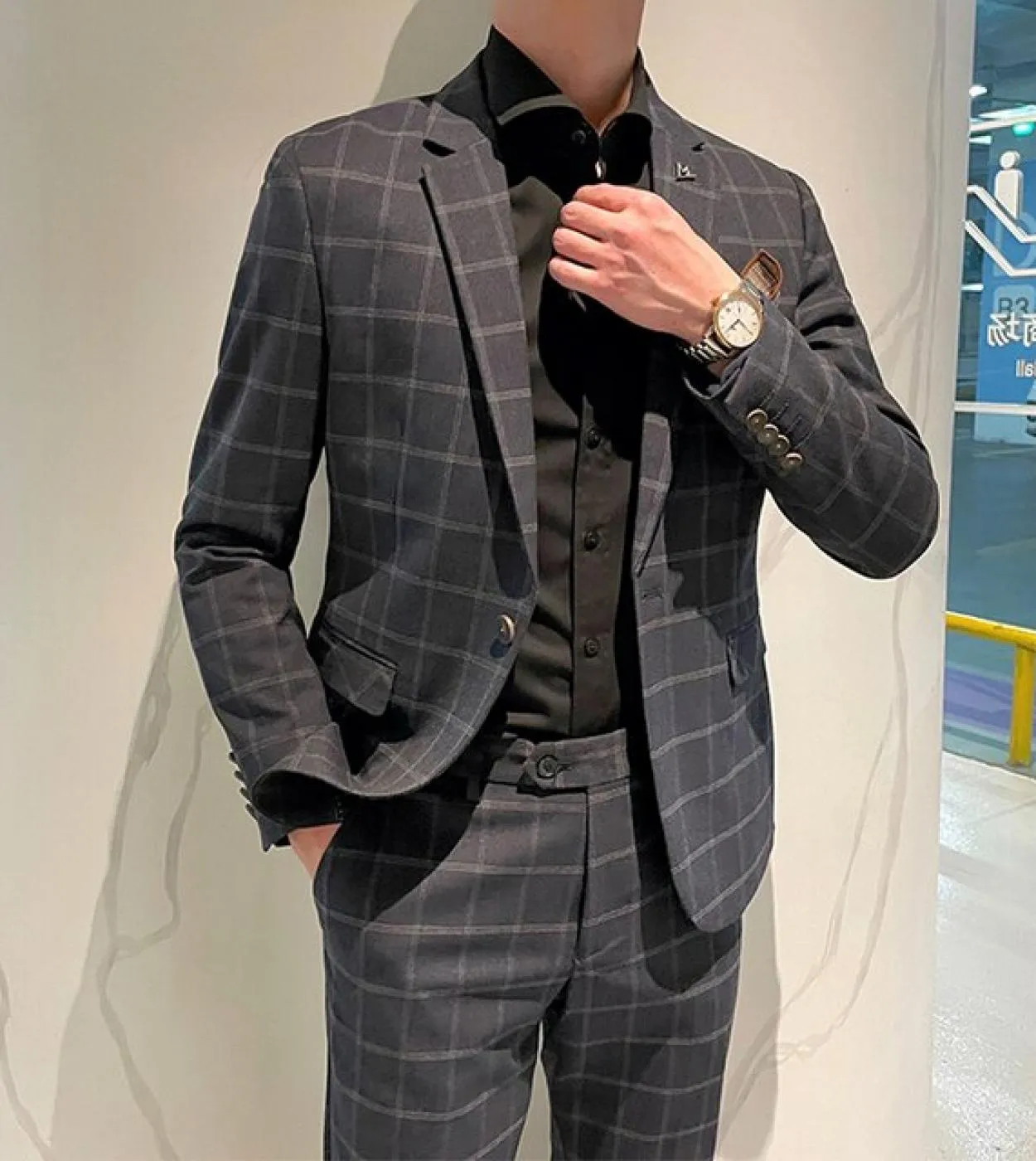 Giacca  Pantaloni Boutique di marca di fascia alta Lattice Fashion Slim Mens Formal Business Suit 2pces Set Abiti da sposa pe