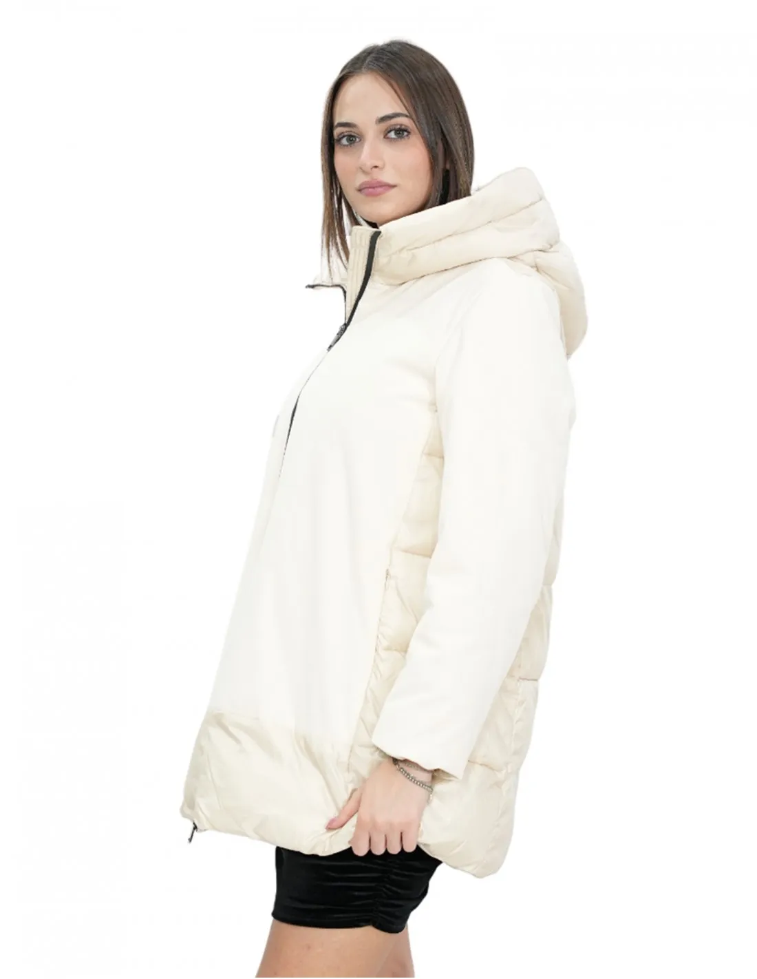 Giacca piumino beige 54 con cappuccio chiusura zip tasche esterne 