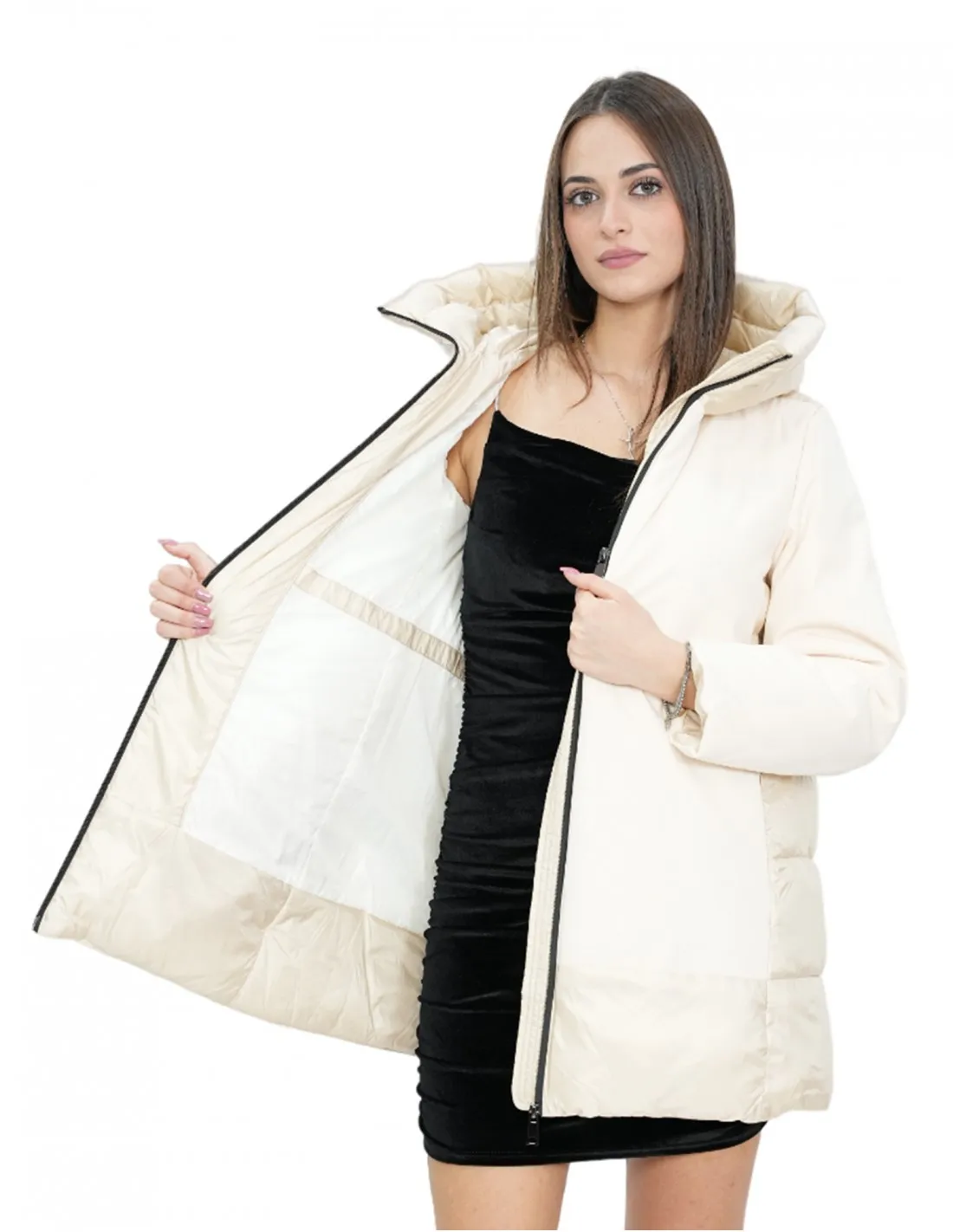 Giacca piumino beige 54 con cappuccio chiusura zip tasche esterne 