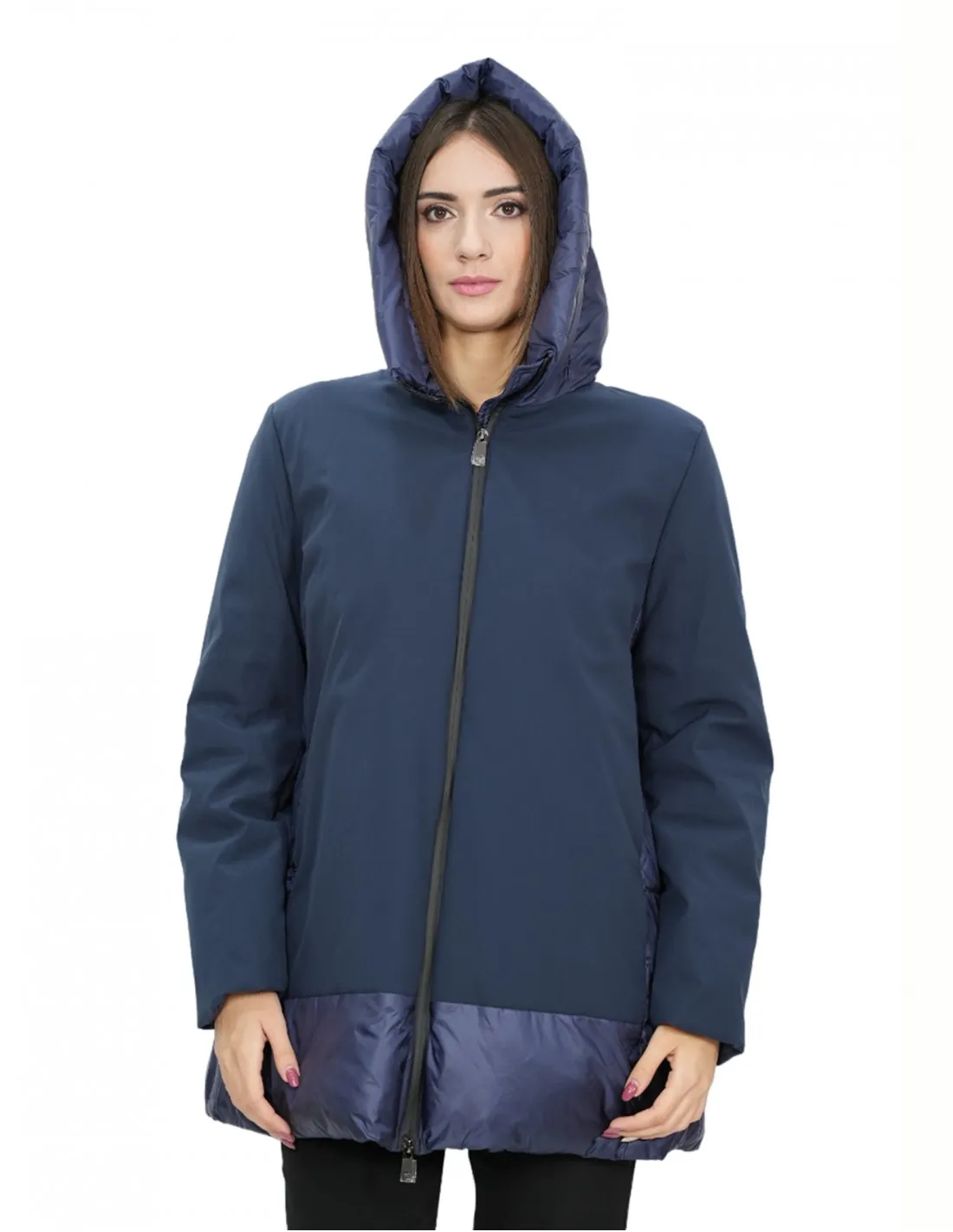 Giacca piumino blu 56 con cappuccio chiusura zip tasche esterne 