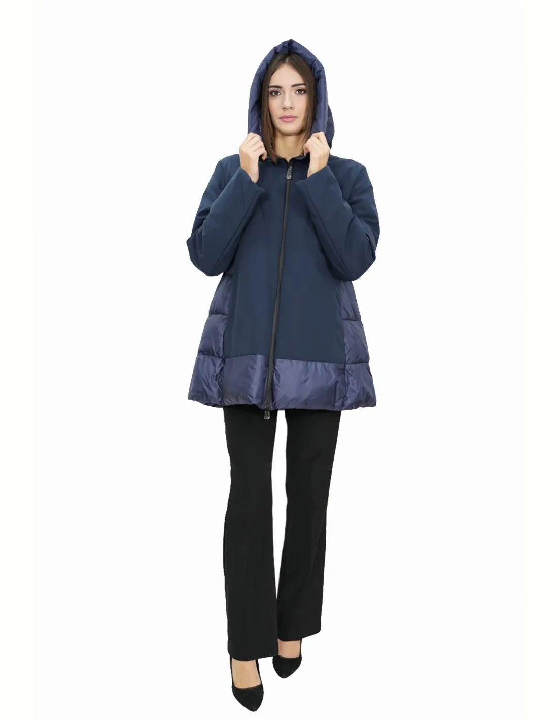 Giacca piumino blu 56 con cappuccio chiusura zip tasche esterne 