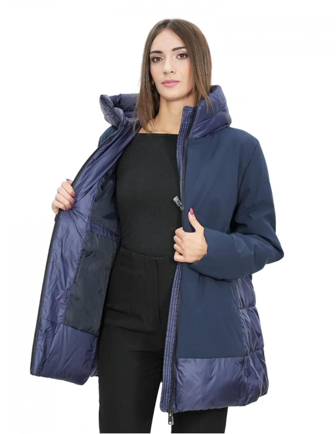 Giacca piumino blu 56 con cappuccio chiusura zip tasche esterne 