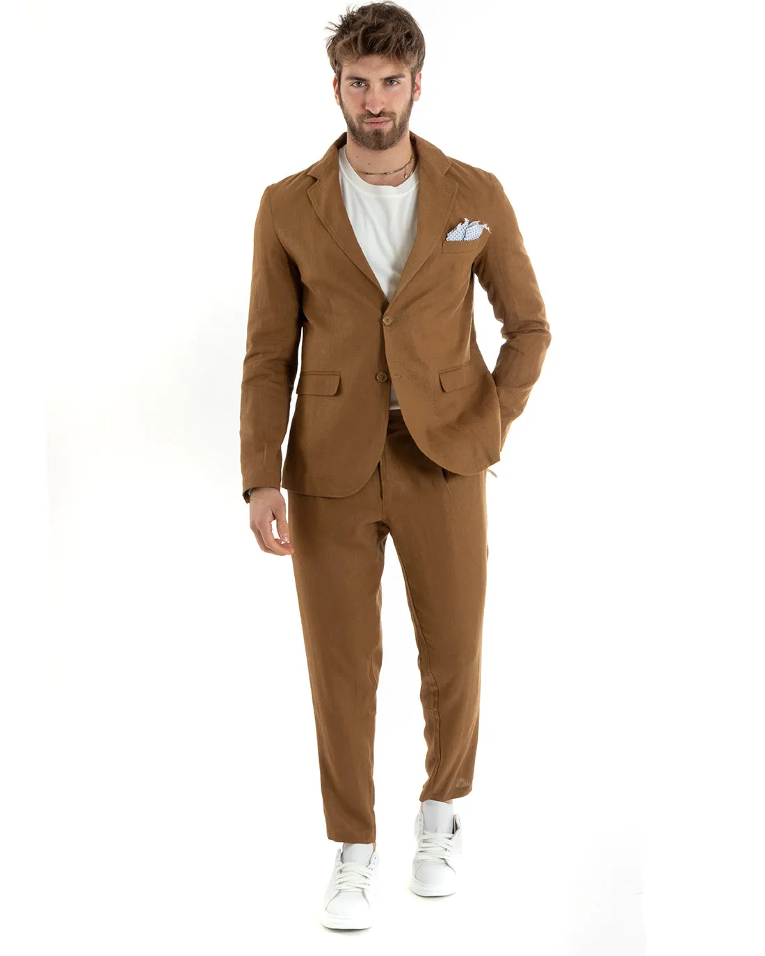 Giacca Uomo Monopetto Lino Tinta Unita Camel Sartoriale Cerimonia Elegante Casual GIOSAL-G3058A