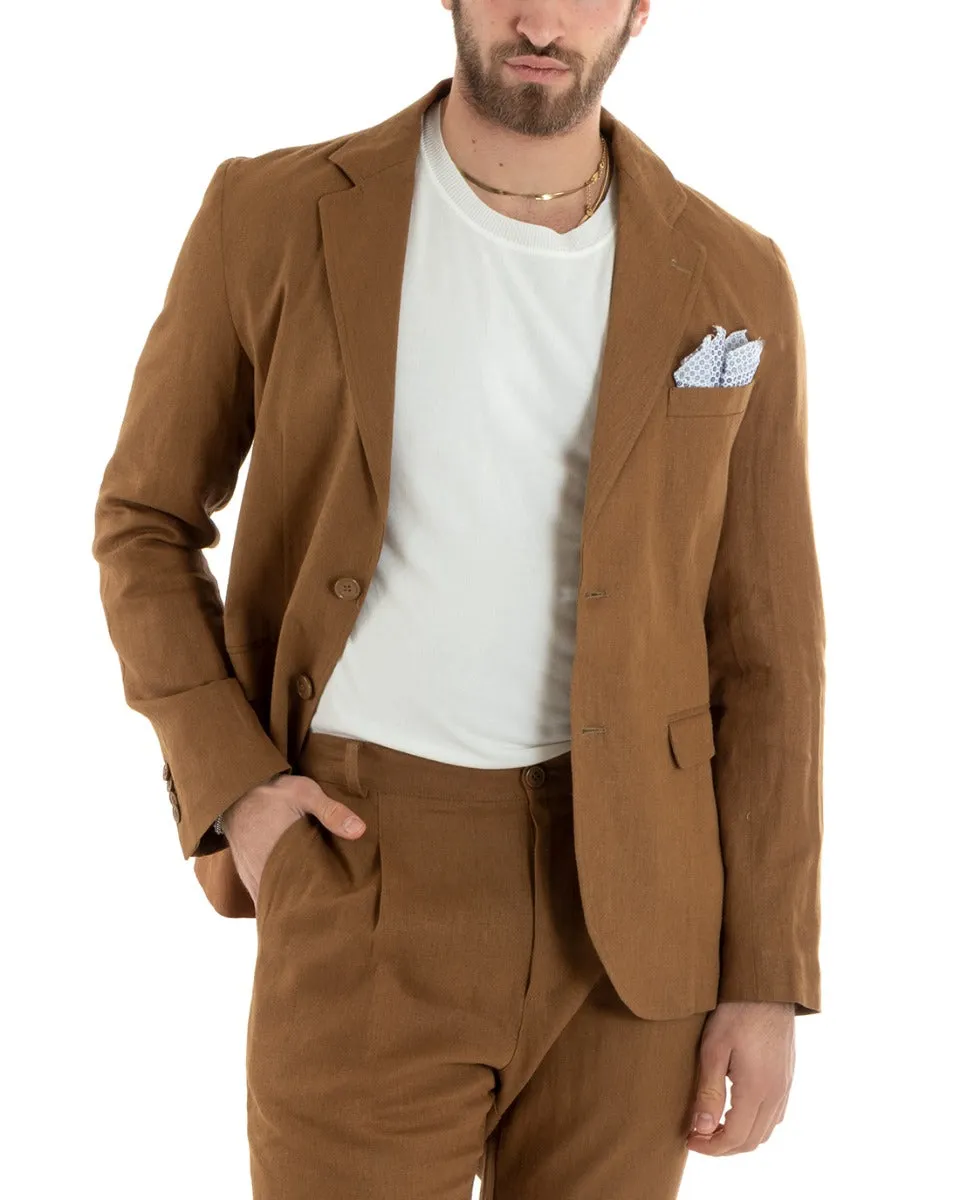 Giacca Uomo Monopetto Lino Tinta Unita Camel Sartoriale Cerimonia Elegante Casual GIOSAL-G3058A