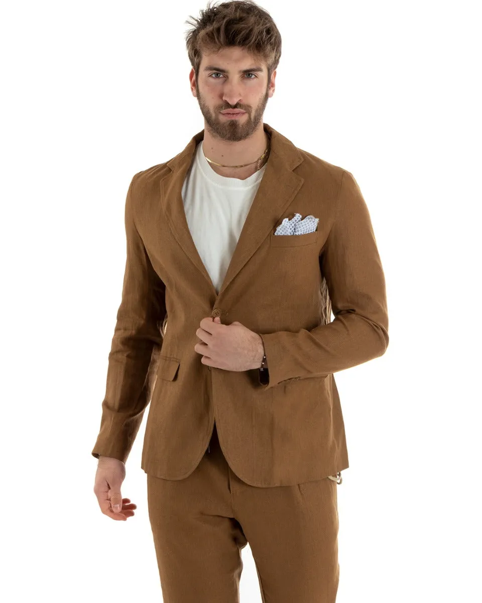 Giacca Uomo Monopetto Lino Tinta Unita Camel Sartoriale Cerimonia Elegante Casual GIOSAL-G3058A