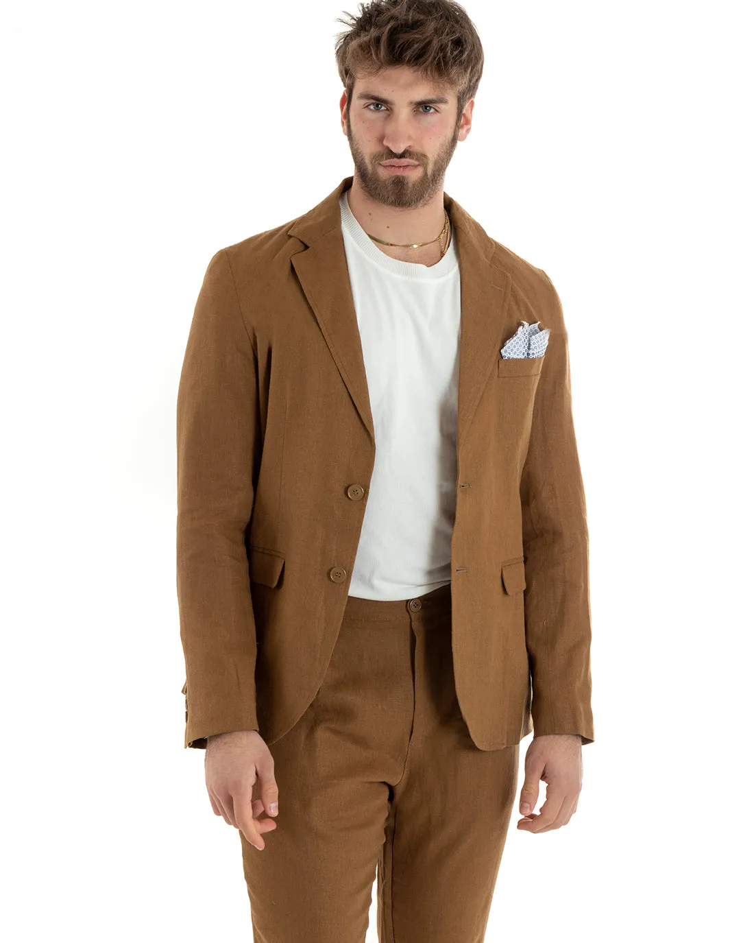 Giacca Uomo Monopetto Lino Tinta Unita Camel Sartoriale Cerimonia Elegante Casual GIOSAL-G3058A