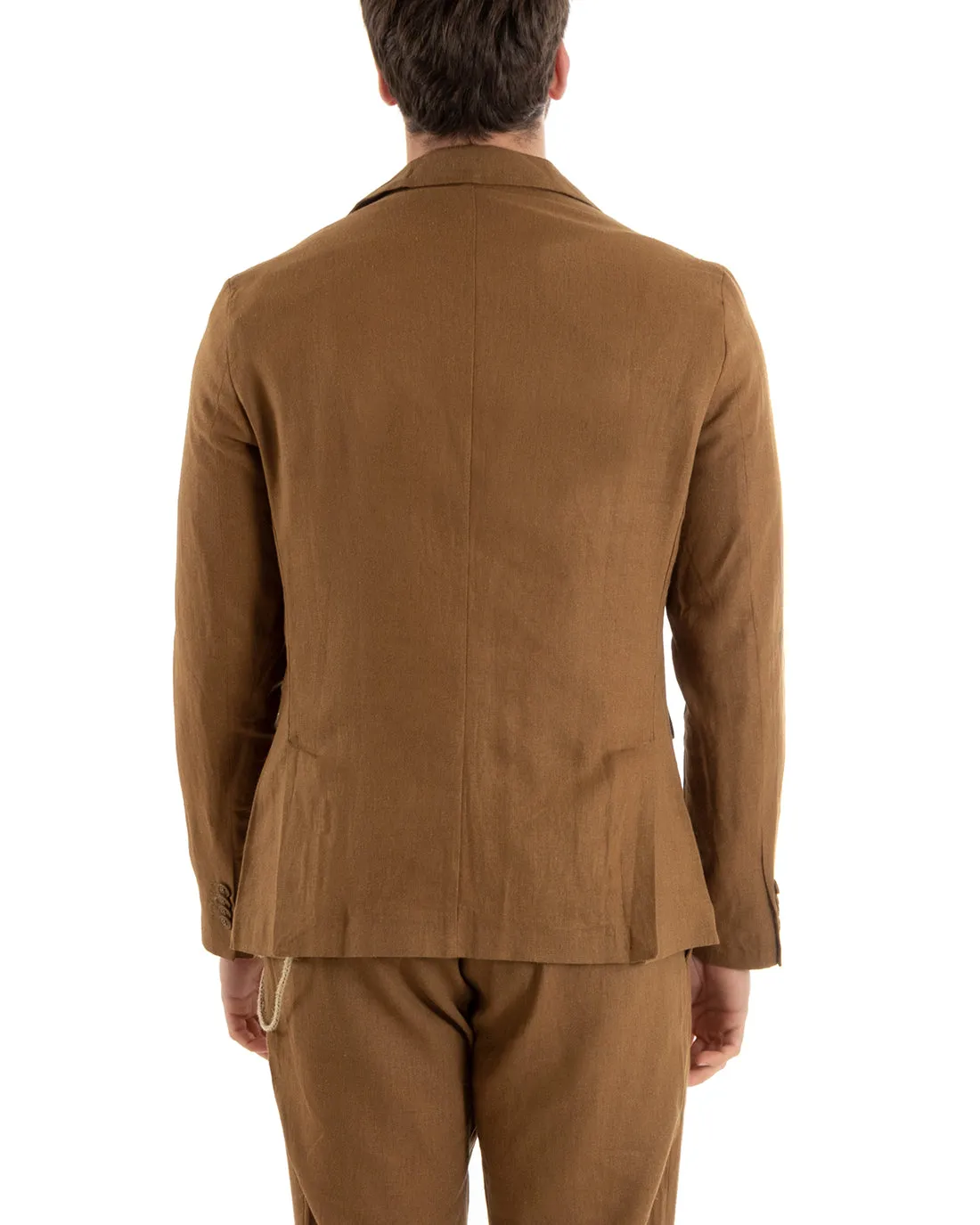 Giacca Uomo Monopetto Lino Tinta Unita Camel Sartoriale Cerimonia Elegante Casual GIOSAL-G3058A