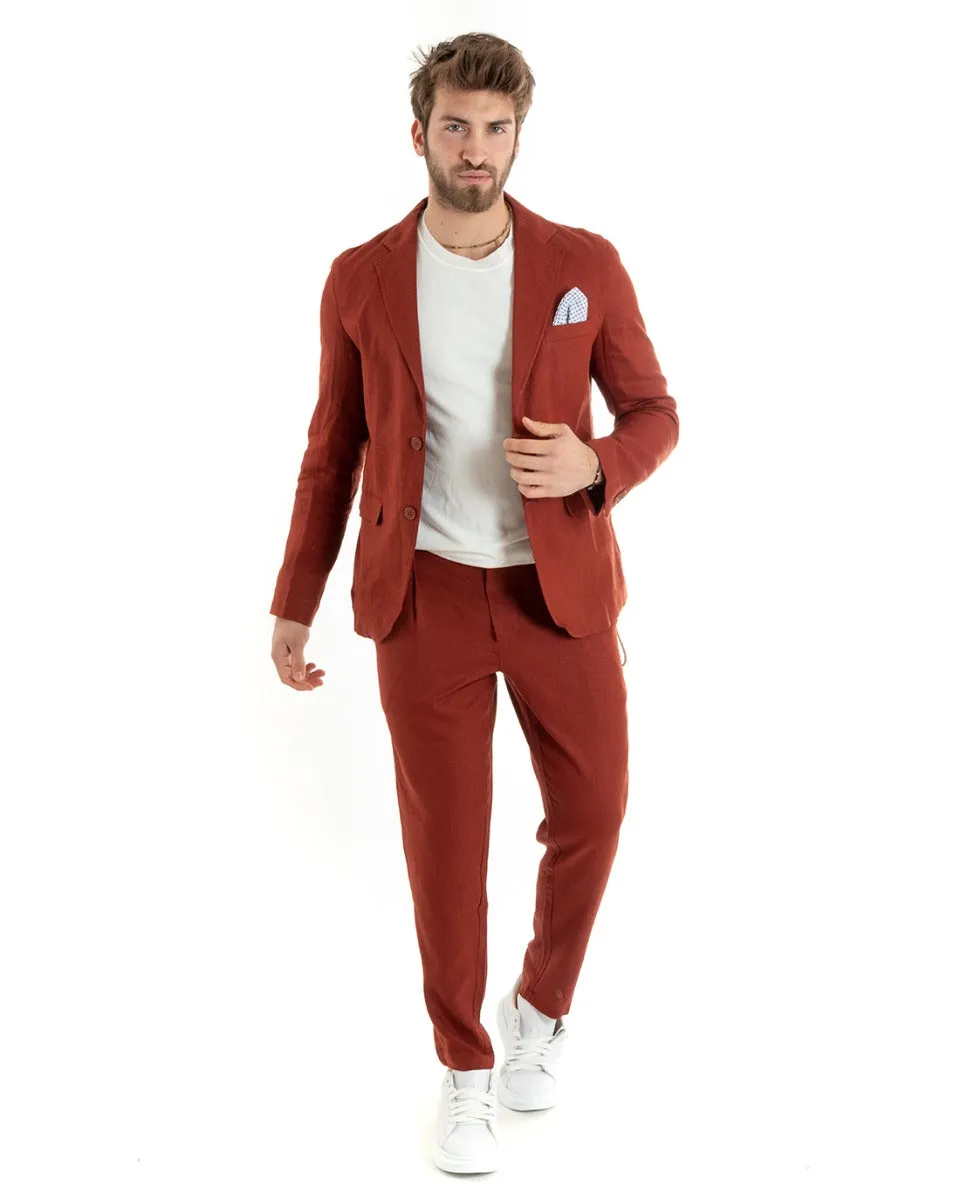 Giacca Uomo Monopetto Lino Tinta Unita Mattone Sartoriale Cerimonia Elegante Casual GIOSAL-G3059A
