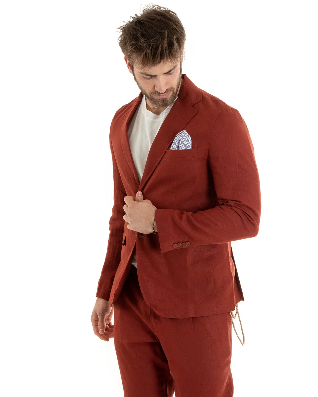 Giacca Uomo Monopetto Lino Tinta Unita Mattone Sartoriale Cerimonia Elegante Casual GIOSAL-G3059A