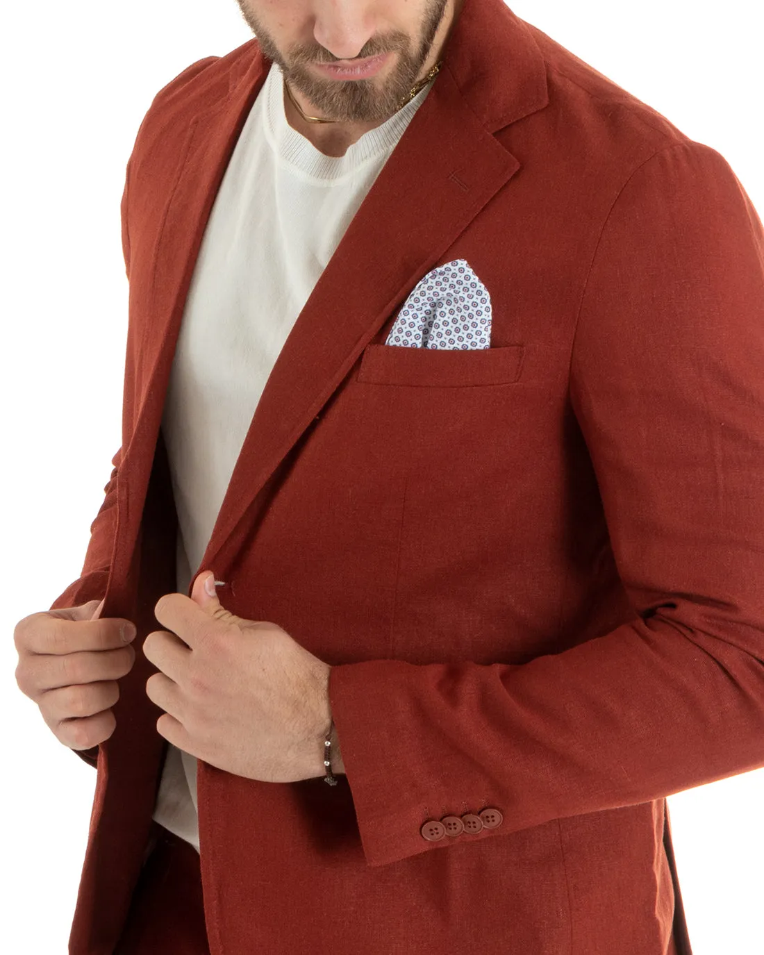 Giacca Uomo Monopetto Lino Tinta Unita Mattone Sartoriale Cerimonia Elegante Casual GIOSAL-G3059A