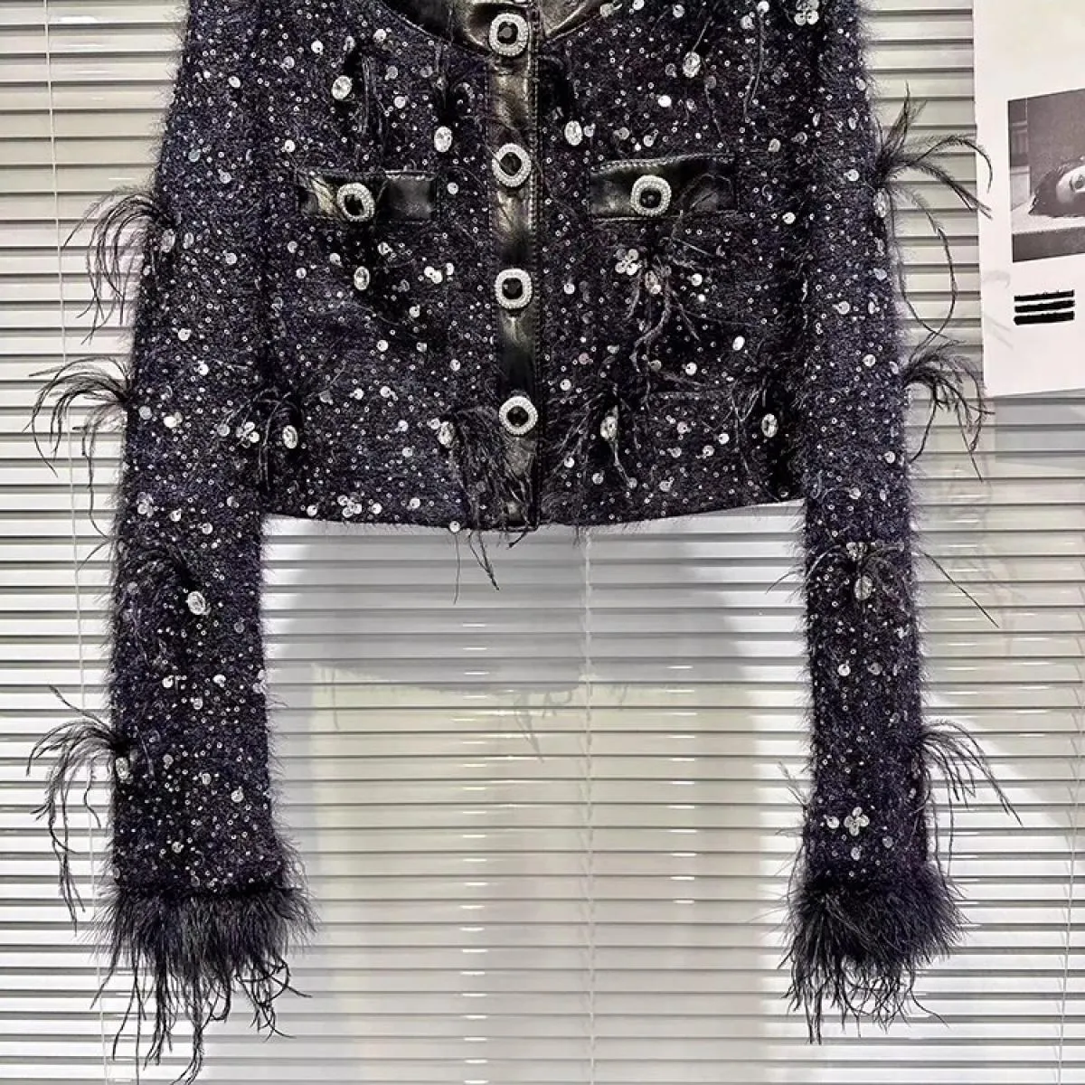 High Street più recente 2023 Autunno Inverno Designer Moda Donna Nail Bead Peluche Tweed Capelli di struzzo Giacca corta