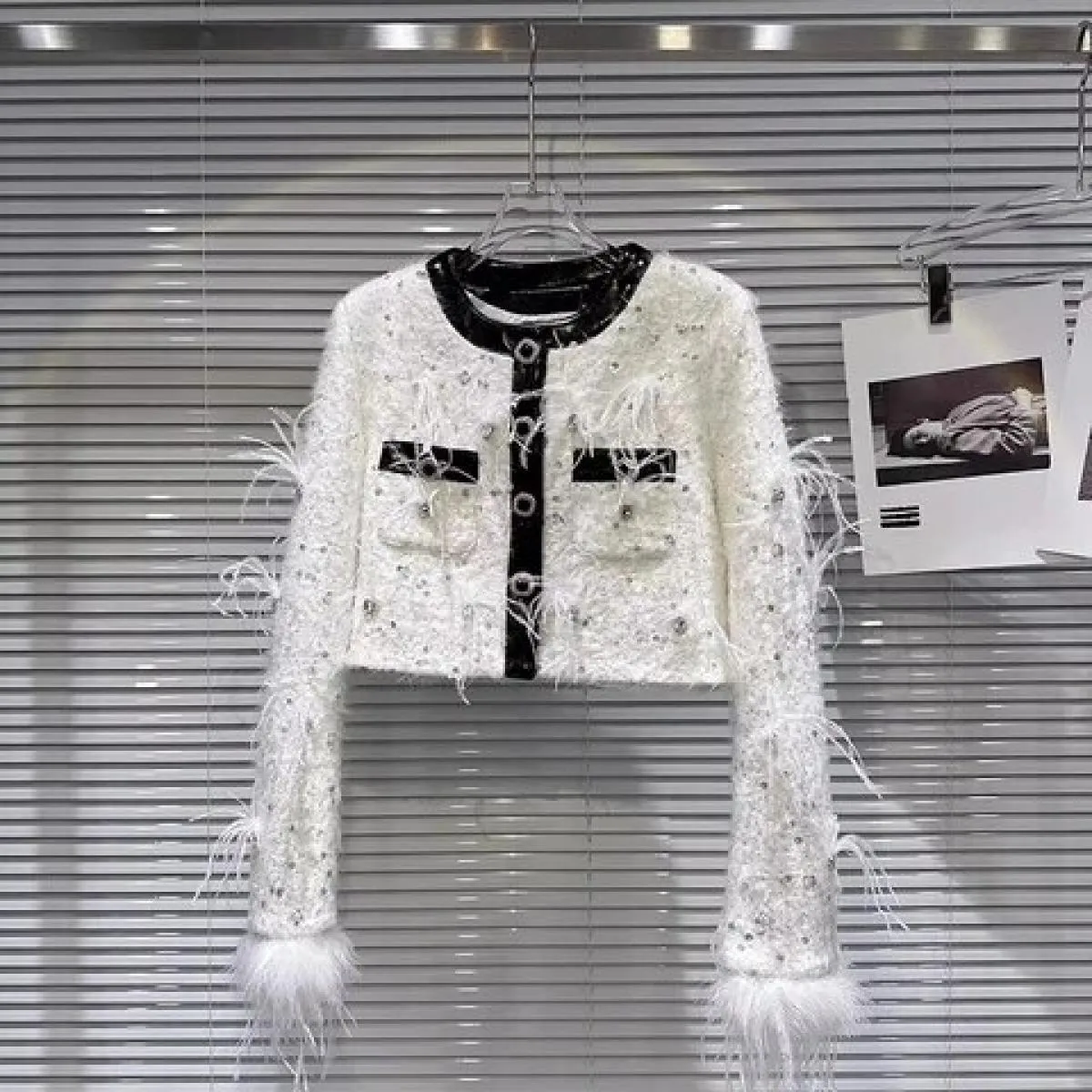 High Street più recente 2023 Autunno Inverno Designer Moda Donna Nail Bead Peluche Tweed Capelli di struzzo Giacca corta