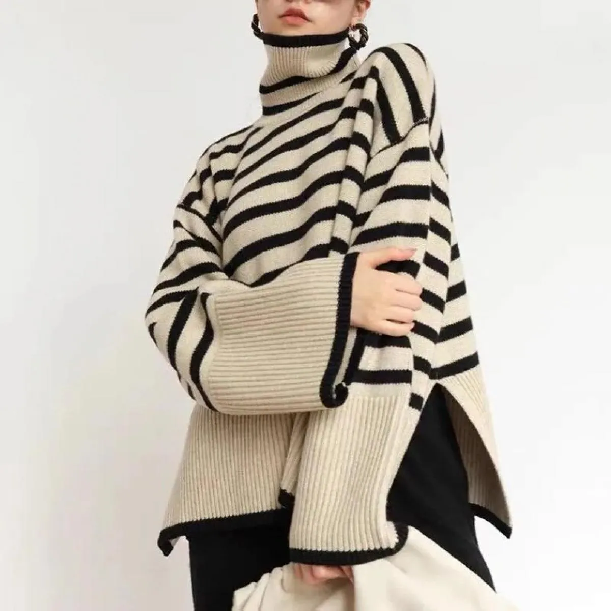 Maglione dolcevita a righe 2023 nuova primavera autunno maglione lavorato a maglia allentato maglione da donna maglione di lana