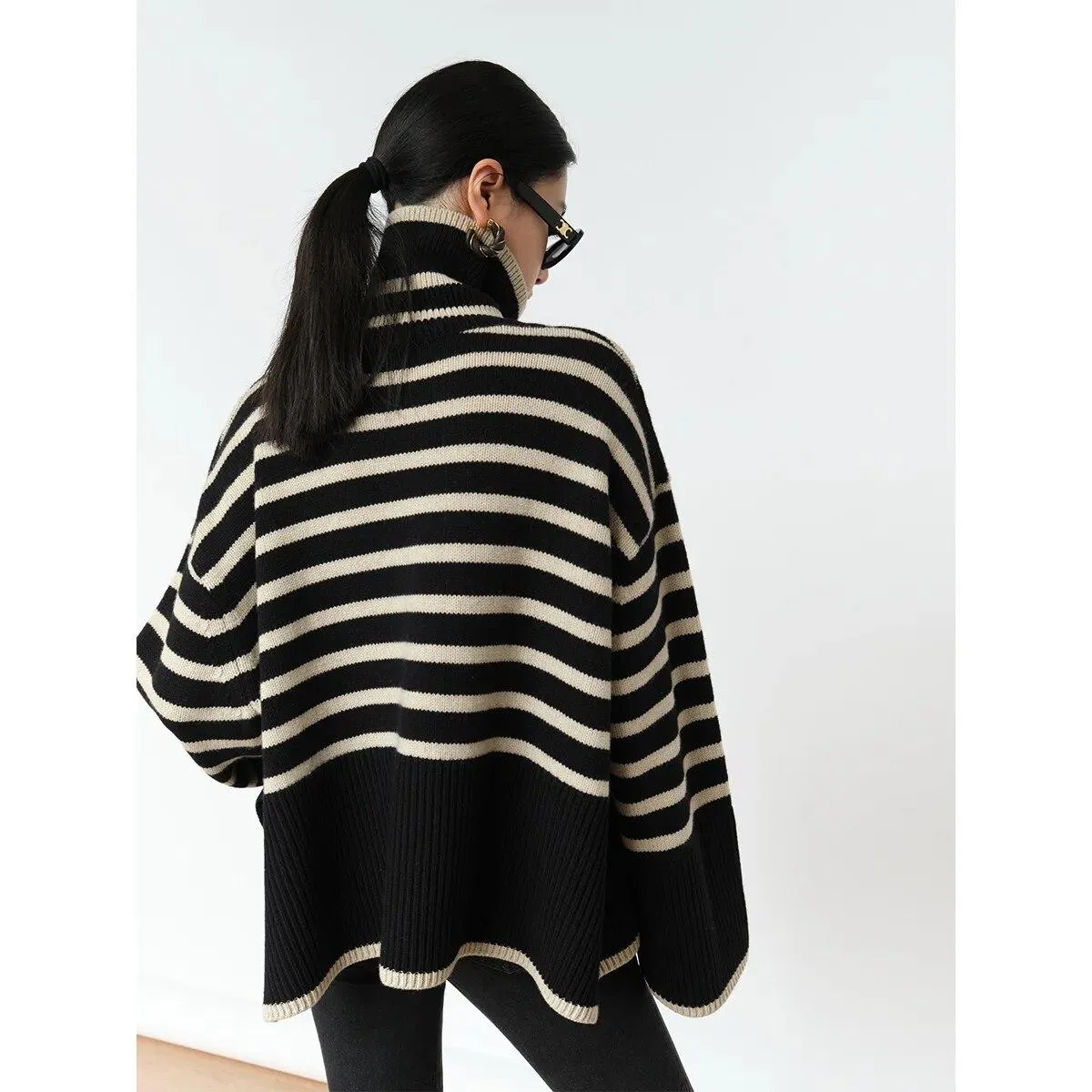 Maglione dolcevita a righe 2023 nuova primavera autunno maglione lavorato a maglia allentato maglione da donna maglione di lana