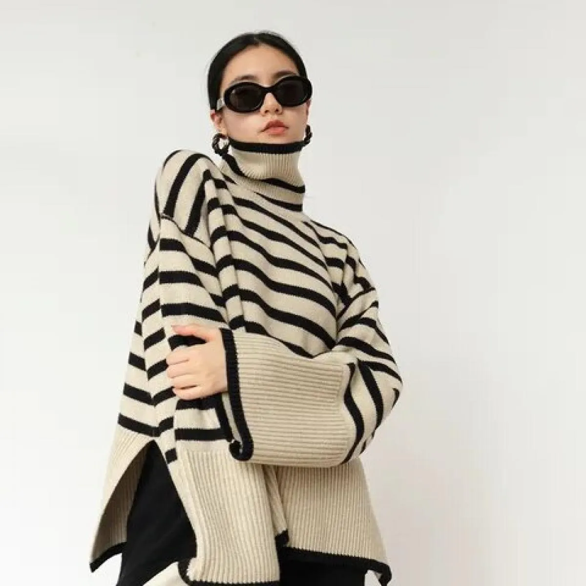 Maglione dolcevita a righe 2023 nuova primavera autunno maglione lavorato a maglia allentato maglione da donna maglione di lana