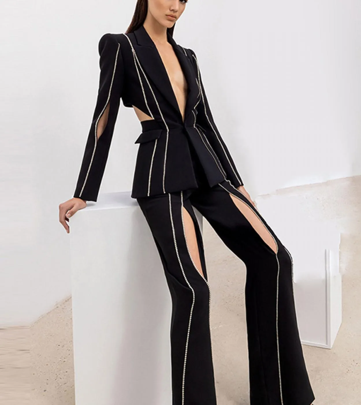 Moda Scava Fuori Tailleur pantalone Diamanti Catena Blazer Suit Donna Matrimonio Pantaloni svasati neri Due pezzi Giacca con per