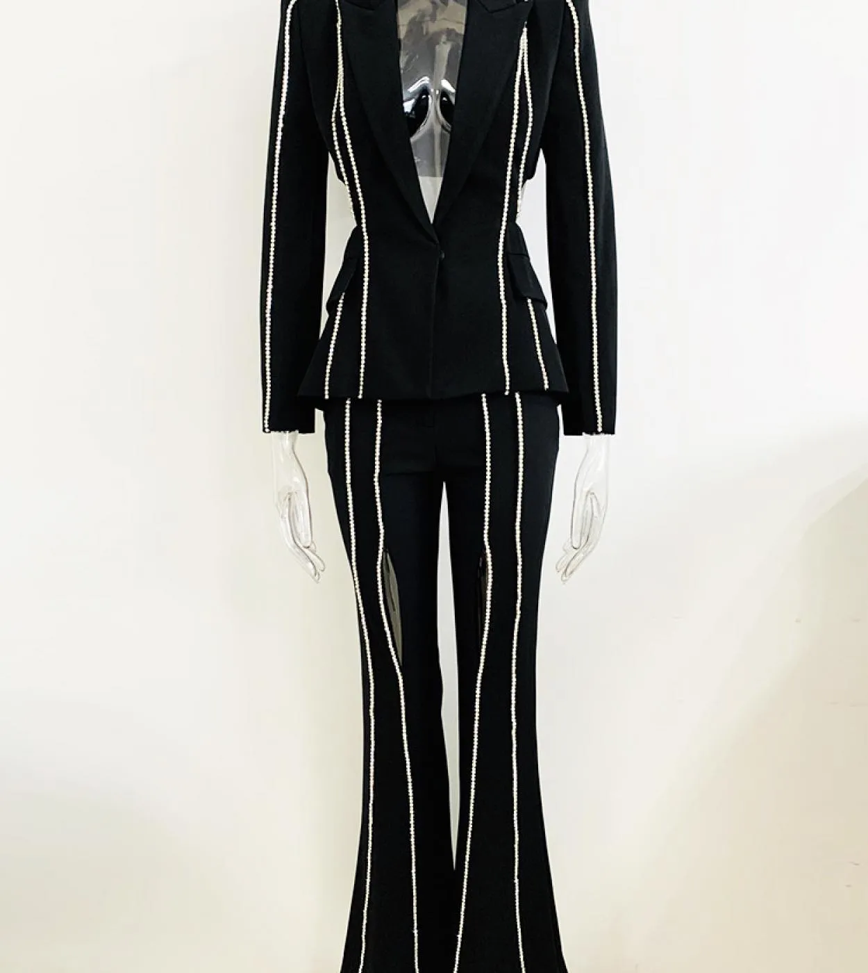 Moda Scava Fuori Tailleur pantalone Diamanti Catena Blazer Suit Donna Matrimonio Pantaloni svasati neri Due pezzi Giacca con per
