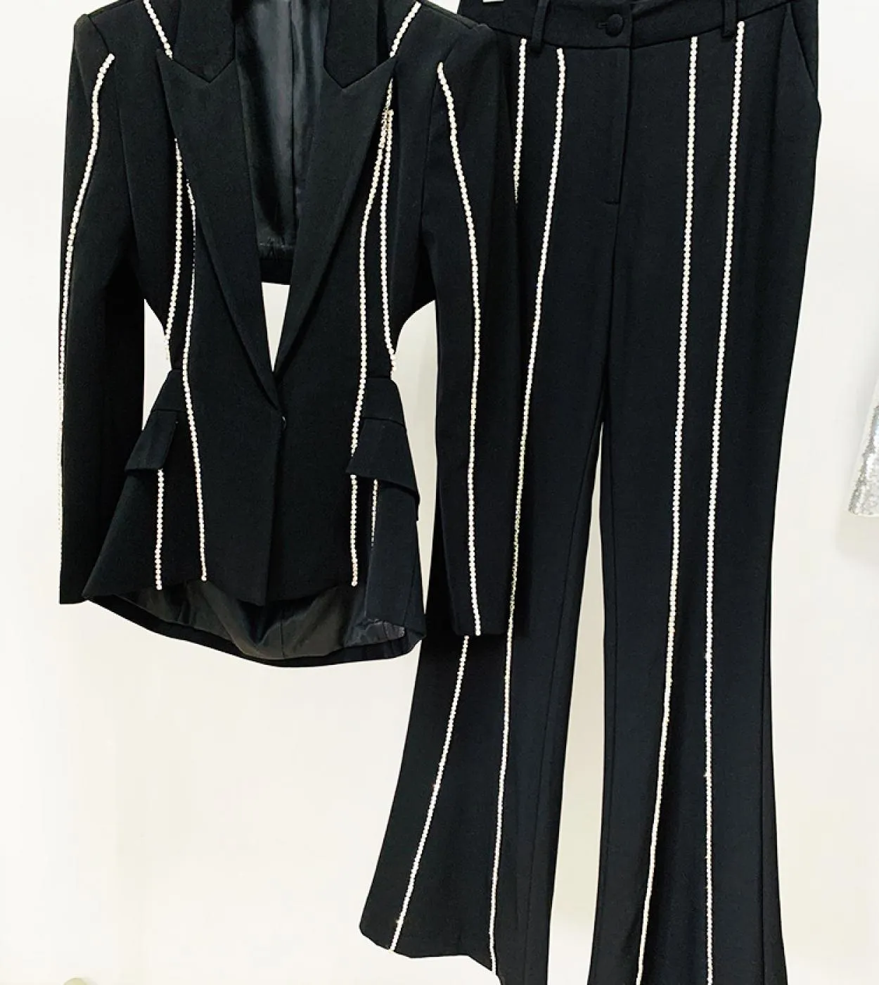 Moda Scava Fuori Tailleur pantalone Diamanti Catena Blazer Suit Donna Matrimonio Pantaloni svasati neri Due pezzi Giacca con per