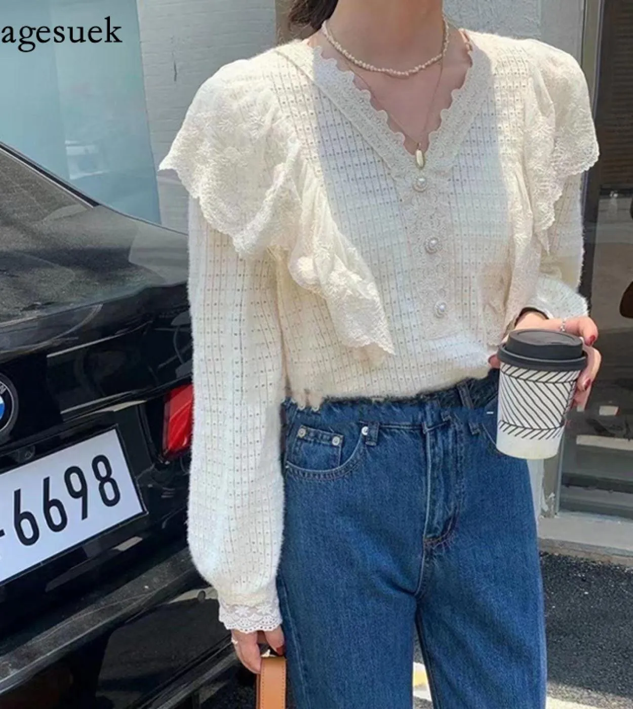 Nuova camicetta in pizzo con scollo a V con cuciture arricciate donna autunno manica lunga scava fuori camicia da donna elegante