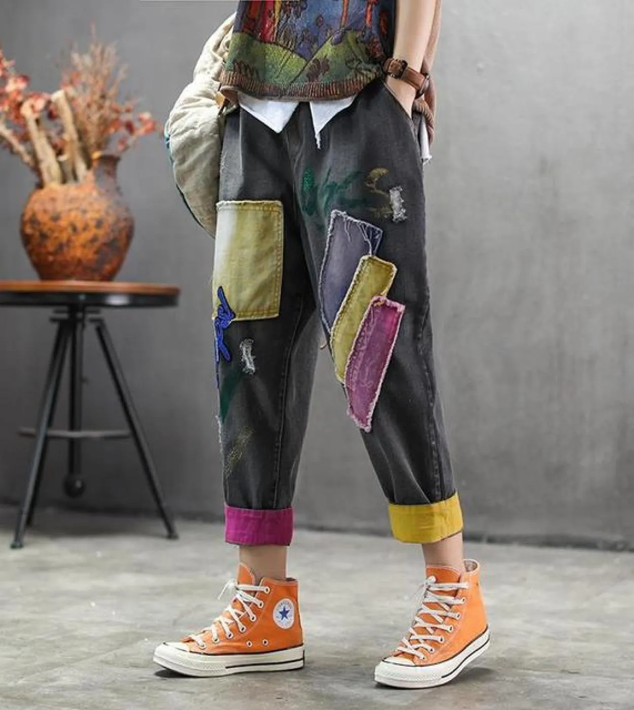 Nuovo arrivo primavera arti stile donna elastico in vita pantaloni in denim di cotone sciolto pantaloni patchwork ricamo jeans v