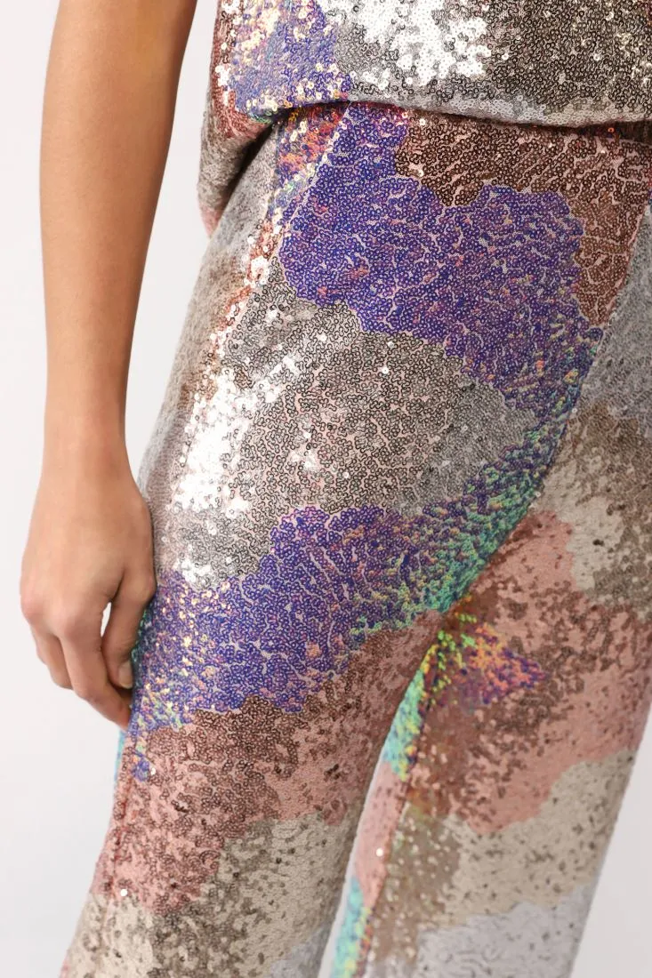 Pantaloni a palazzo in paillettes con fantasia astratta