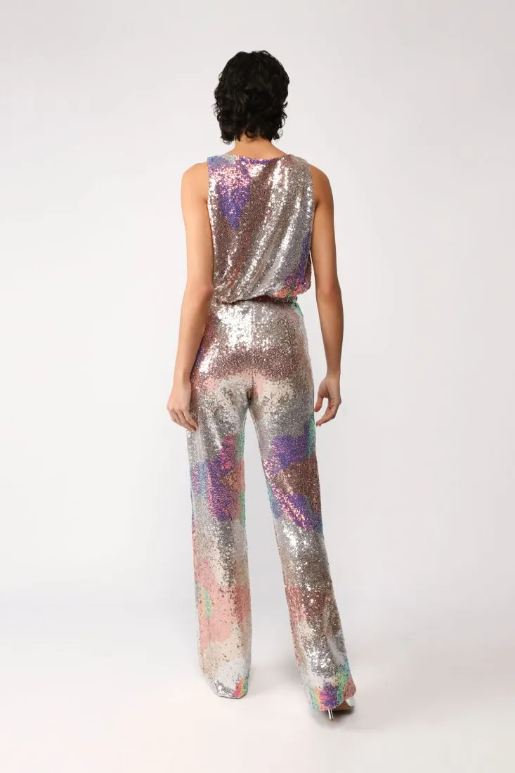 Pantaloni a palazzo in paillettes con fantasia astratta