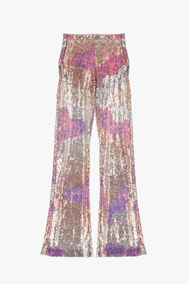 Pantaloni a palazzo in paillettes con fantasia astratta